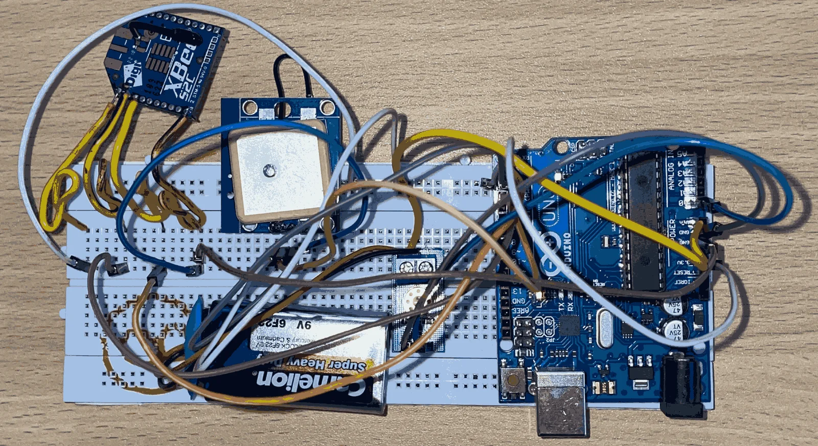 Prototype hardware: XBee, GPS and Arduino testbed.